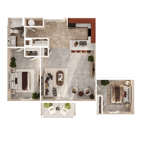 Floor plan for 2 beds, 1 bath, 1050 sqft